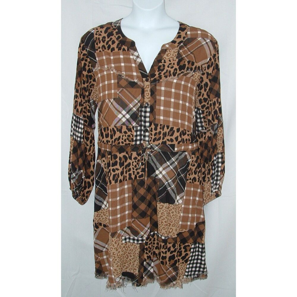 CATO Brown Patchwork Plus Sz 22/24 Drawstring Waist Knee Length Dress Pockets